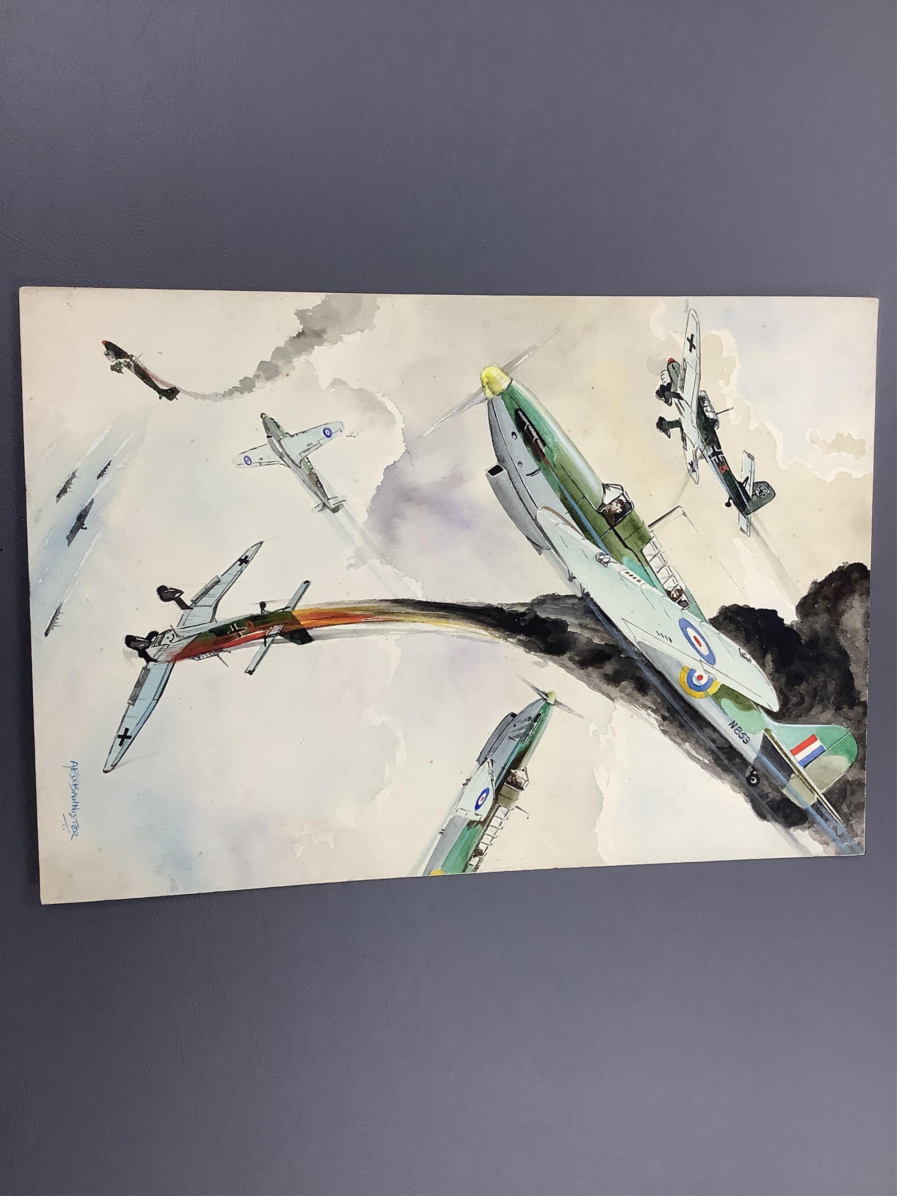 AFD Bannister, set of three original WWII watercolours for post card designs, Fleet Air Arm Aircraft to include ‘Blackburn Skuas attacking German Warships’ and ‘Fairey Albacore Torpedo Carriers Attacking a German Convoy’